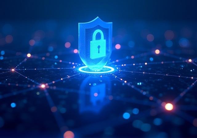 Abstract visualization of interconnected data governance nodes and security shields