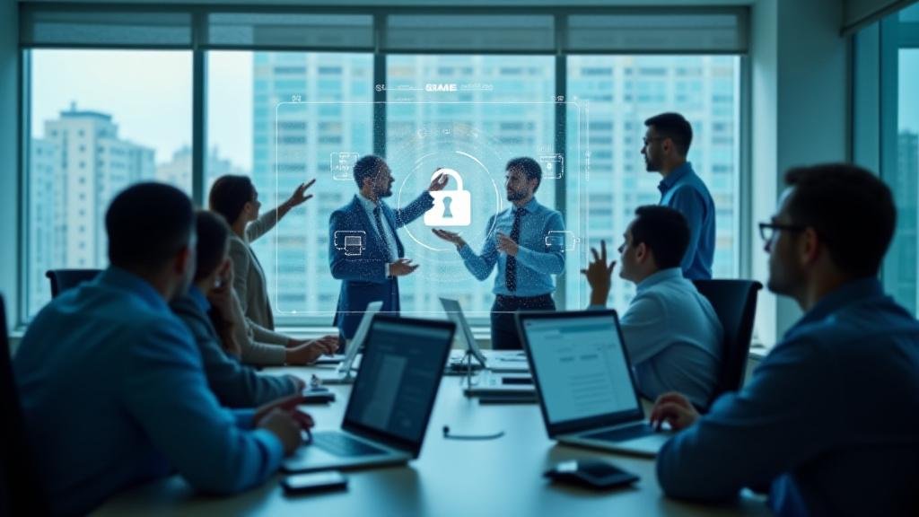 A professional team conducting a data risk assessment in a modern conference room