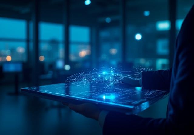 Data security professional analyzing risk metrics on a high-tech interface