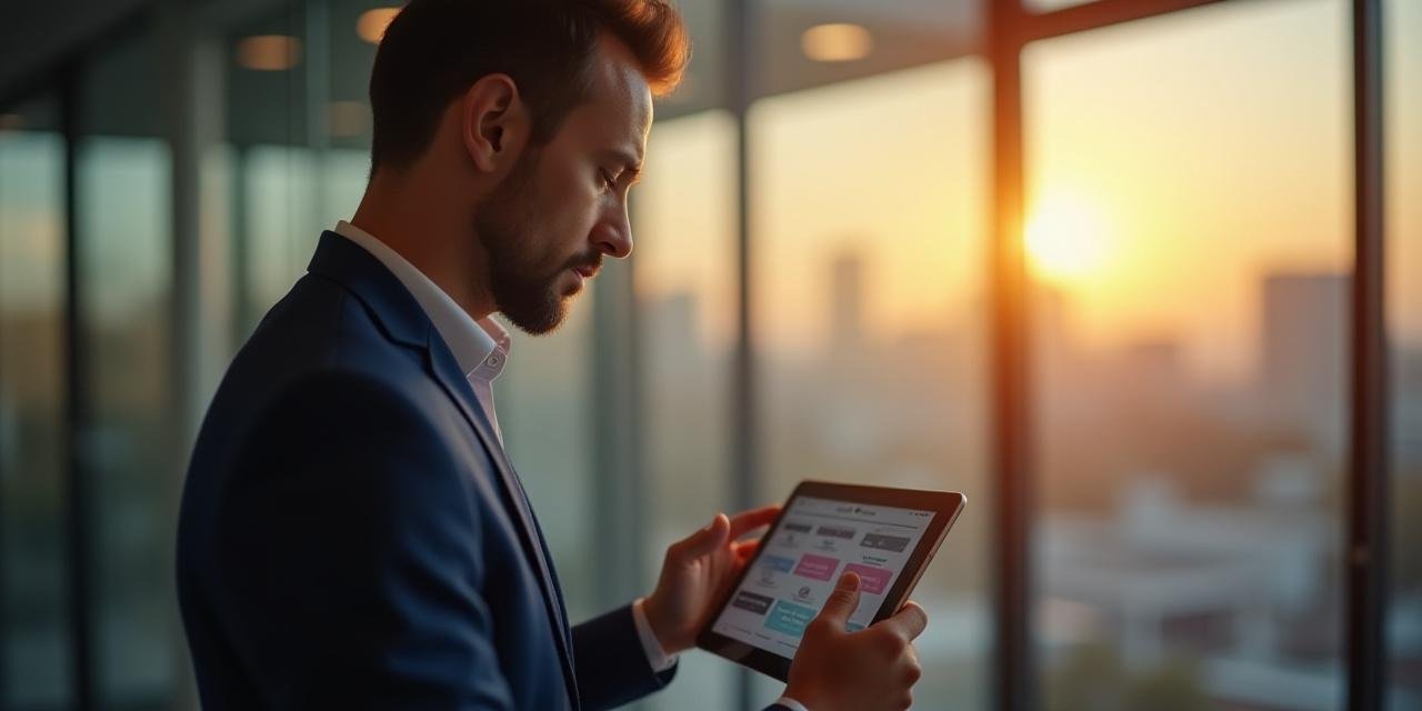 A small business owner reviewing technology framework on a tablet in a modern office